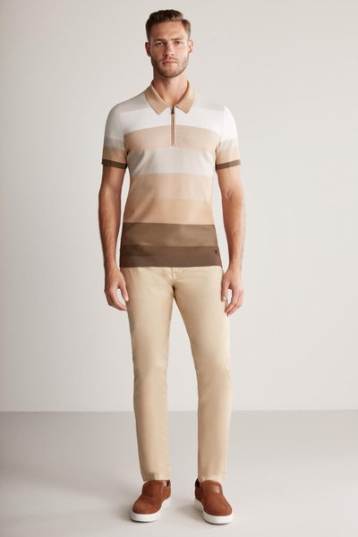 Hemington Brown Striped Zippered Collar Giza Cotton Knitwear Polo