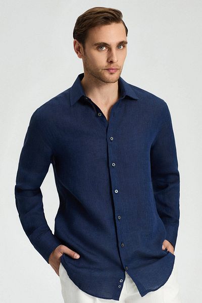 Hemington Navy Blue Pure Linen Sports Shirt