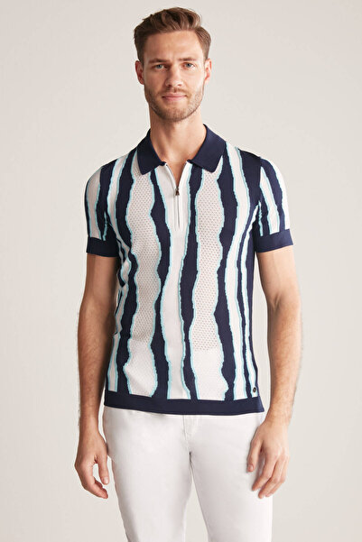 Hemington Navy Blue Mercerized Cotton Knitwear Polo with Stripe Detail