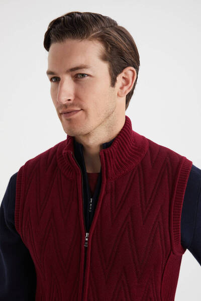 Hemington Çizgi Desenli Merino Yün Bordo Yelek