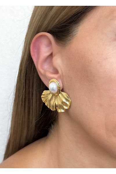 Home Sihra Accessories Vintage Pearl Leaf Model Earrings Gold Color