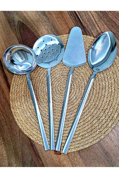 BuMeria 4 Piece Serving Set Stainless Steel Ladle Colander Spoon Spatula Kitchen Utensil Set of 4