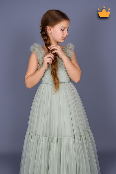 MİNİMONY 7-11 Years Old Gathered Tulle Detailed Straps Long Length Girl's Evening Dress Eid Dress Wedding Green 6514