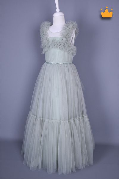 MİNİMONY 7-11 Years Old Gathered Tulle Detailed Straps Long Length Girl's Evening Dress Eid Dress Wedding Green 6514