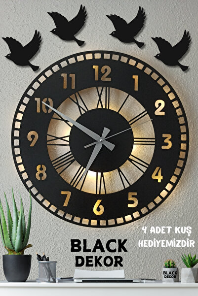 Blackdekor Siyah Işıklı Ahşap Duvar Saati | Modern Duvar Saati Ve Şık Dekorat...