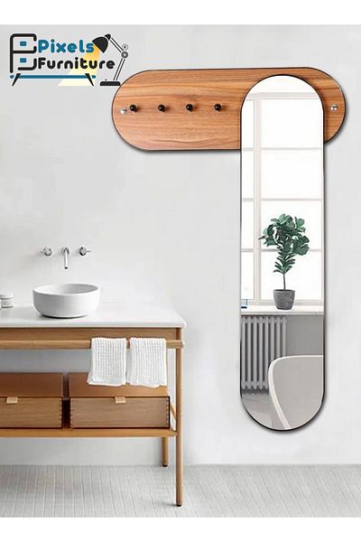 PixelsFurniture Pixel Furniture Wall Mounted Wooden Shelf with Mirror and Clothes Hangers 120*80cm