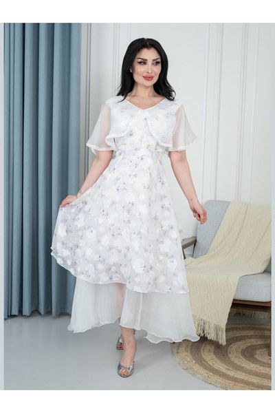 Nice Model Women's Floral Chiffon Maxi Dress - Layered Evening Gown with Sheer Sleeves