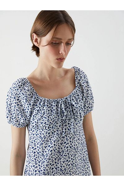 LC Waikiki Lcw Vision Blue Tie Collar Floral Mini Dress