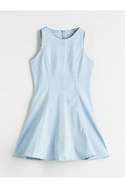 LC Waikiki Xside Blue Crew Neck Peplum Mini Jean Dress