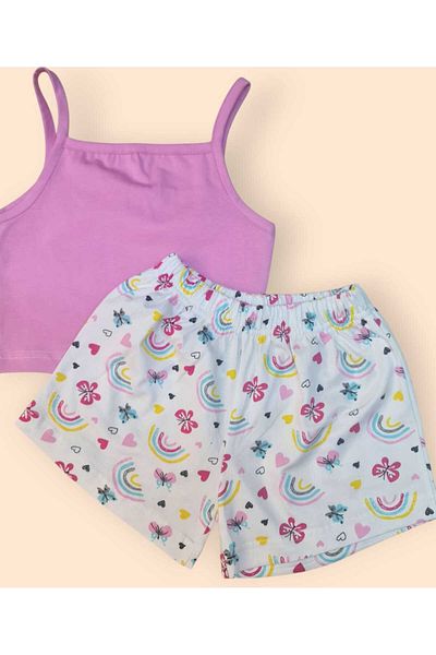 BEBEĞİME ÇORAP Girls' Summer Cotton Pajama Set with Straps and Shorts