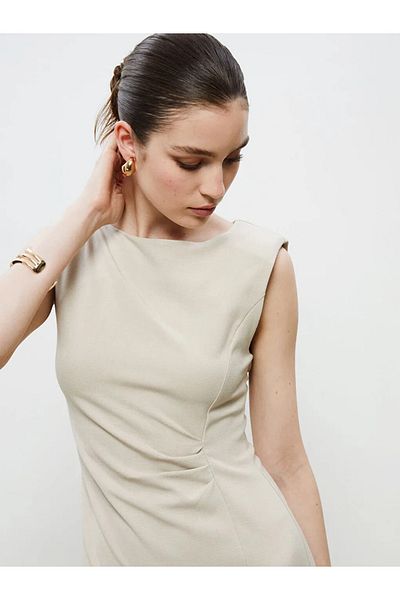 LC Waikiki Soulife Beige Crew Neck Gathered Dress