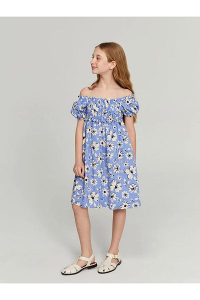 LC Waikiki LCW Παιδικό Μπλε Τετράγωνο Γιακά Φλοράλ Κοριτσίστικο Φόρεμα