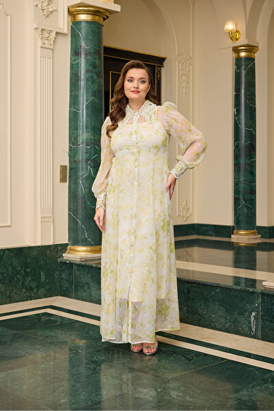 QUİZAS فستان قميص من الشيفون مطبوع عليه لؤلؤ مع تفاصيل مطرزة على الياقة والأكمام