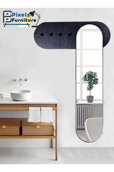 PixelsFurniture Pixel Furniture Wall Mounted Wooden Shelf with Mirror and Clothes Hangers 120*80cm