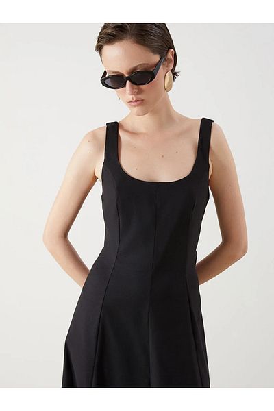 LC Waikiki Lcw Vision Black Square Neck Pleated Poplin Dress