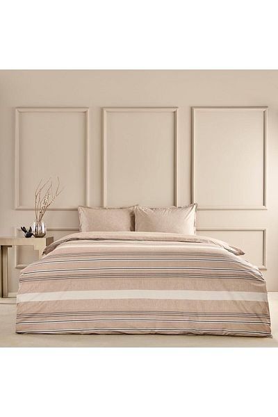 Mena Rise Diyar-Ifırsatshop Perle Striped 100% Cotton Duvet Cover Set, Brown, Double 1017157