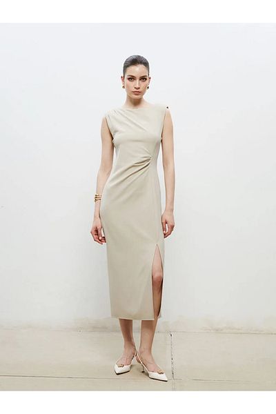 LC Waikiki Soulife Beige Crew Neck Gathered Dress