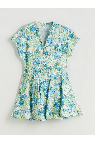 LC Waikiki Lcw Vision Green Scoop Neck Floral Pleated Dress