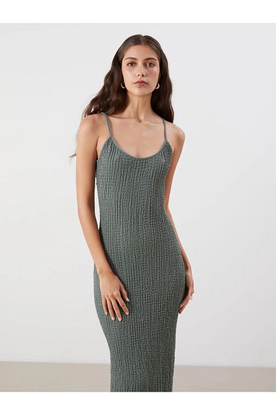 LC Waikiki Lcw Vision Green U-Neck Textured Dress