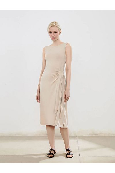 LC Waikiki Soulife Beige Crew Neck Gathered Dress