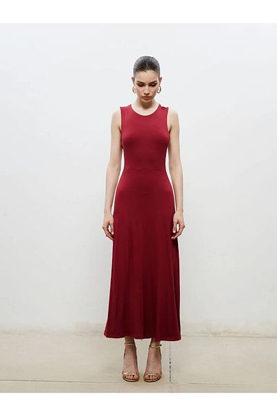 LC Waikiki Soulife Burgundy Crew Neck Back Window Dress