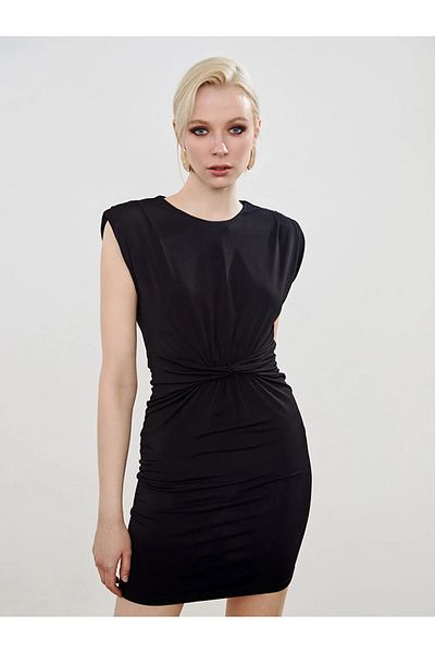 LC Waikiki Soulife Black Crew Neck Gathered Mini Dress