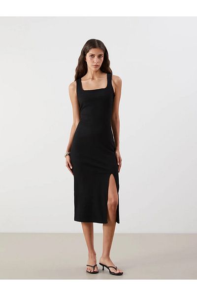 LC Waikiki Lcw Vision Black Square Neck Slit Dress