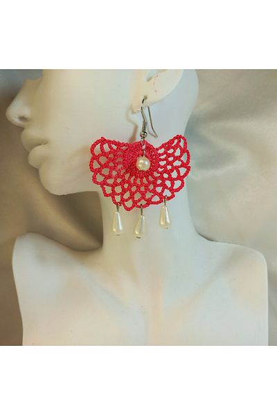 Crystal Atelier Handmade Weave Ethnic Authentic Fan Earrings, Fuchsia Pink Vintage Pearl Bead Dangle Fan Earrings