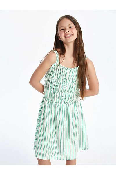 LC Waikiki Lcw Kids White Square Neck Striped Girl Dress