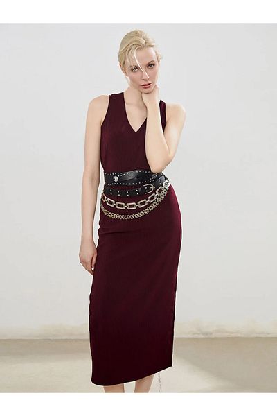 LC Waikiki Soulife Burgundy V-Neck Textured Belted Dress