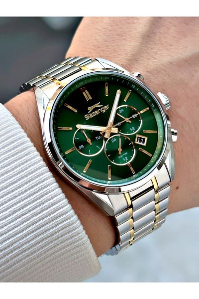 Slazenger Silver-Green Color 10 Atm Waterproofness Steel Cord Steel Case Men Wristwatch 2493.02Mr