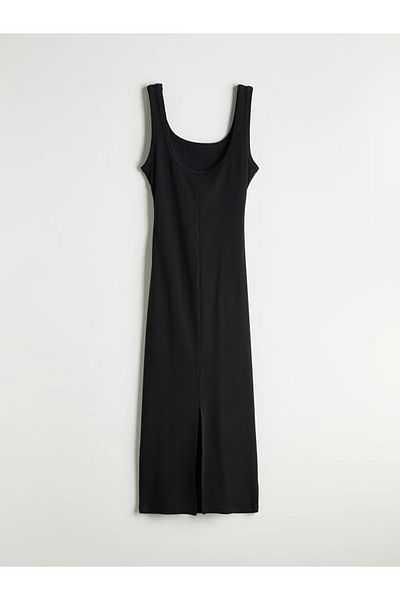 LC Waikiki Lcw Vision Black U-Neck Gathered Dress