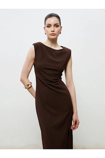 LC Waikiki Soulife Brown Crew Neck Gathered Dress