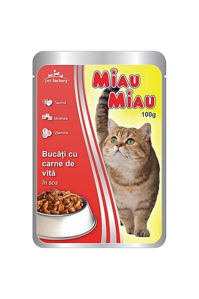 MIAU MIAU Pack of 2x Wet Cat Food Meow-Meow, Beef in Gravy, 10 Sachets X 100g