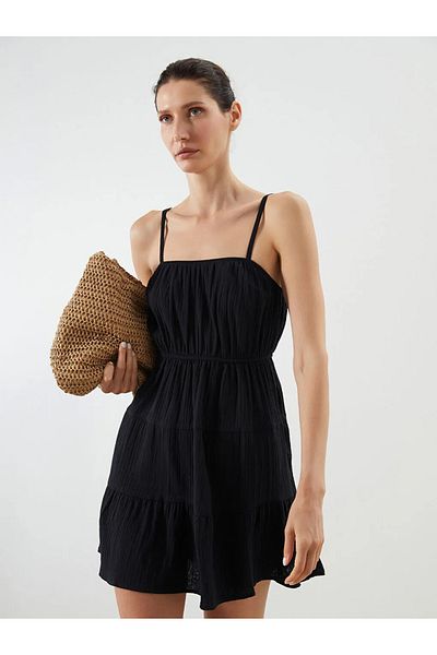 LC Waikiki Lcw Vision Black Square Neck Textured Fold Mini Dress