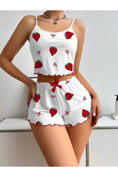 EDLİNGERİE Strawberry Patterned Mini Shorts Set