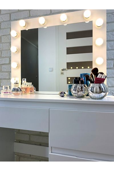 SERSIMO Masa De Toaleta Si Machiaj Hollywood Pro, Alba, Cu 4 Sertare, Oglinda Si 12 Led-uri, 90x40x140 Cm