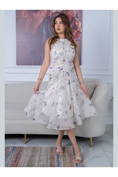 Nice Model Chic Blossom Print Sleeveless Midi Dress Vintage Button Detail Summer Wear for Ladies Special Events