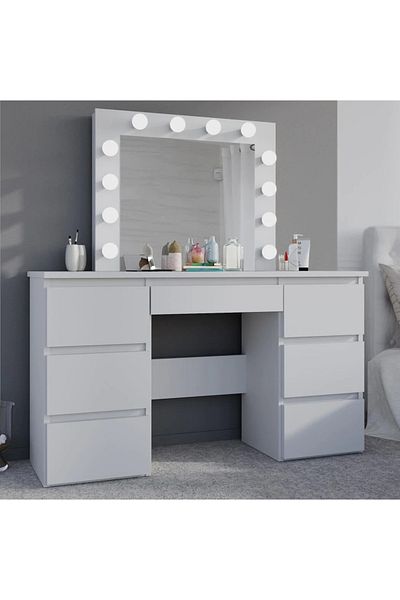 SERSIMO Masa de toaleta si machiaj cu oglinda LED si 7 sertare, 120x43x140 cm, alb