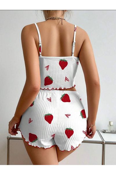 EDLİNGERİE Strawberry Patterned Mini Shorts Set