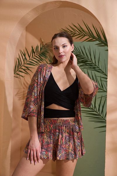 buHillco Pjs Patterned Viscose Kimono Cropl Shorts Set
