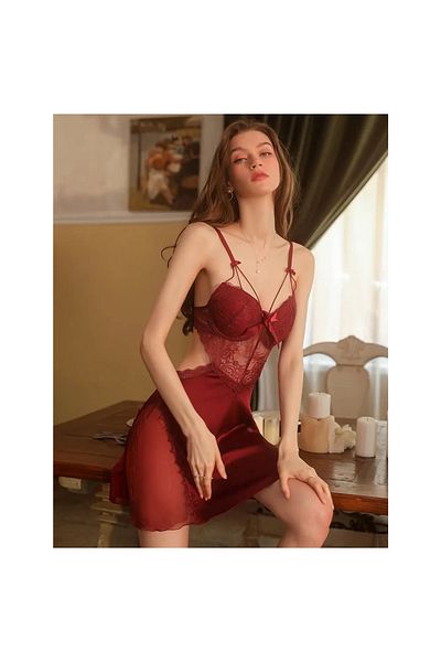 Caprisious Women's Backless Silk Satin Nightgown Set - Elegant V-Neck, Lace Stripe Sleepwear without Robe