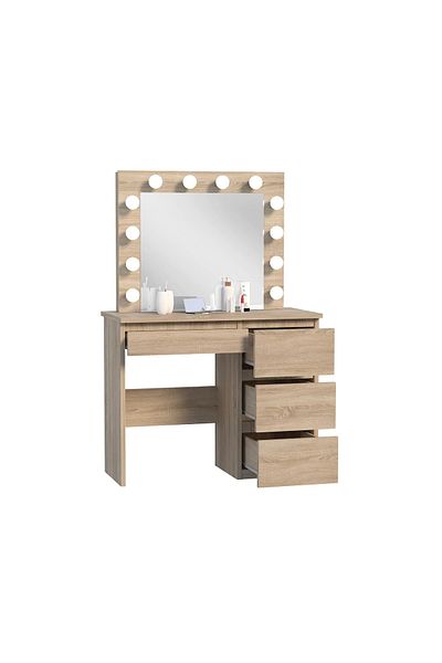 SERSIMO Hollywood Dressing Table and Makeup Table With Led Mirror And 4 Drawers, 94x43x140 Cm, Oak