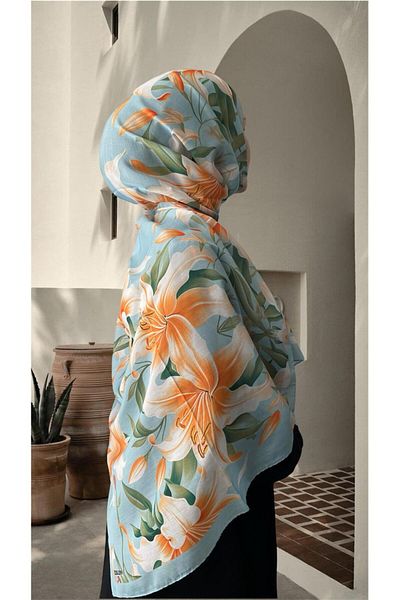 ESSLERA Rose Pattern Turquoise Cotton Soft Shawl