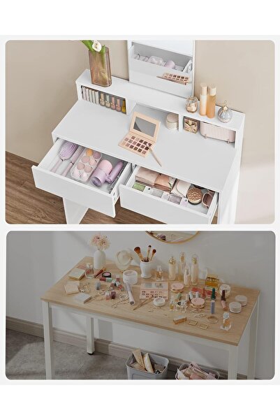 VASAGLE Masa de toaleta cu oglinda, cu 2 sertare si 3 compartimente deschise, 40x80x140cm, alb