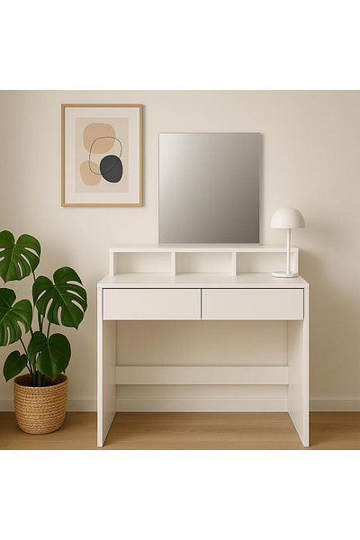 SERSIMO Masa De Toaleta Cu Oglinda Si 2 Sertare, 80x40x140 Cm, Alb