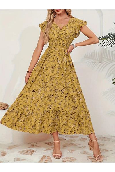 AKNButik Women Short Sleeve Double Breasted Lapel Elastic Waist Floral Print Dress