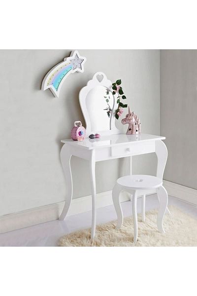 SERSIMO Set Masa de toaleta pentru copii Elza, alba, cu oglinda si taburet, 71x50x108 cm