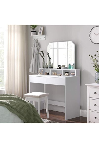 VASAGLE Masa de toaleta cu oglinda rabatabila si 2 sertare, 3 compartimente, 100x40x142cm, alb