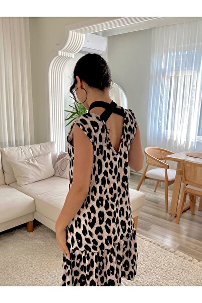 yonca aksesuar Women's Sleeveless Back Tie Ruffled Leopard Print Single Jerse...